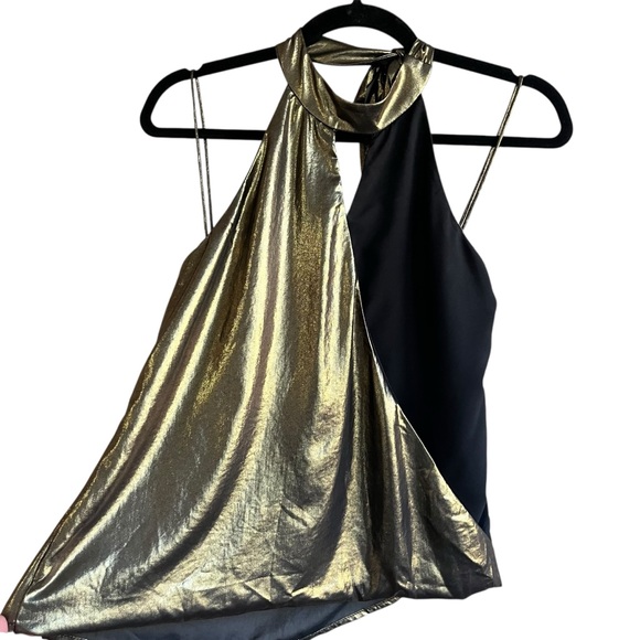 💙 3/$20 Artelier Nicole Miller Gold & Black Halter Top - Size P Extra Small - Picture 2 of 14